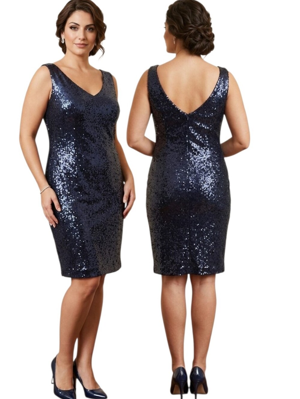 LUISA SPAGNOLI Navy Blue Sequined Sheath Cocktail Dress - Size 14